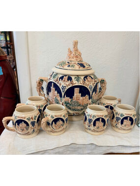 Vintage Gerz German Castle Punch Bowl Set 6 Mugs Gluhwein Stoneware Germany